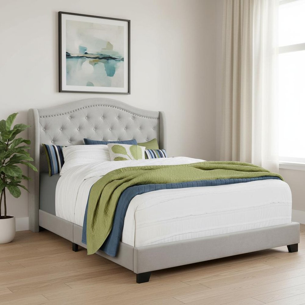 Light Gray and Gray Wood Tufted Upholstered Queen Bed Frame with Nailhead Trim HomeRoots