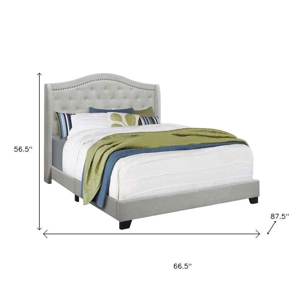 Light Gray and Gray Wood Tufted Upholstered Queen Bed Frame with Nailhead Trim HomeRoots