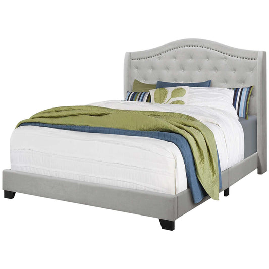 Tufted Light Gray Standard Bed Upholstered With Nailhead Trim And With Headboard - FurniFindUSA