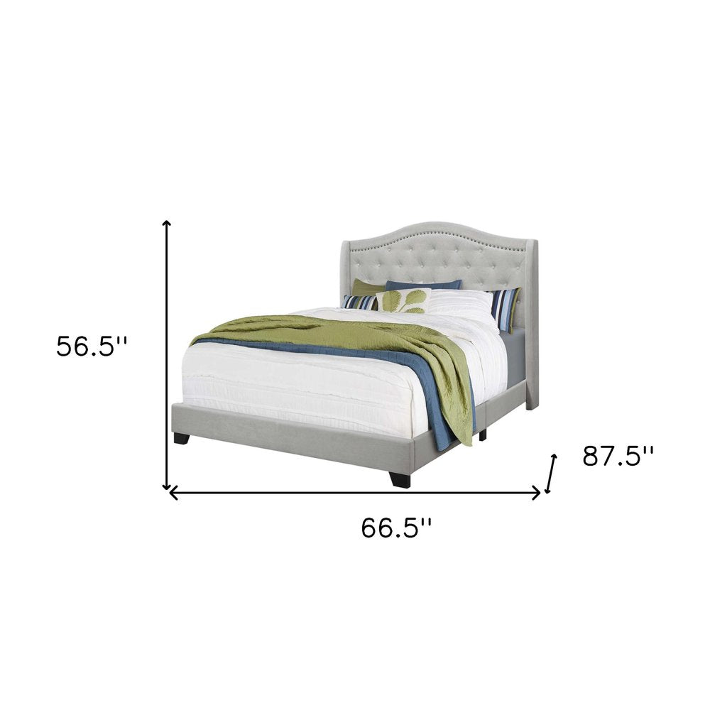 Light Gray and Gray Wood Tufted Upholstered Queen Bed Frame with Nailhead Trim HomeRoots