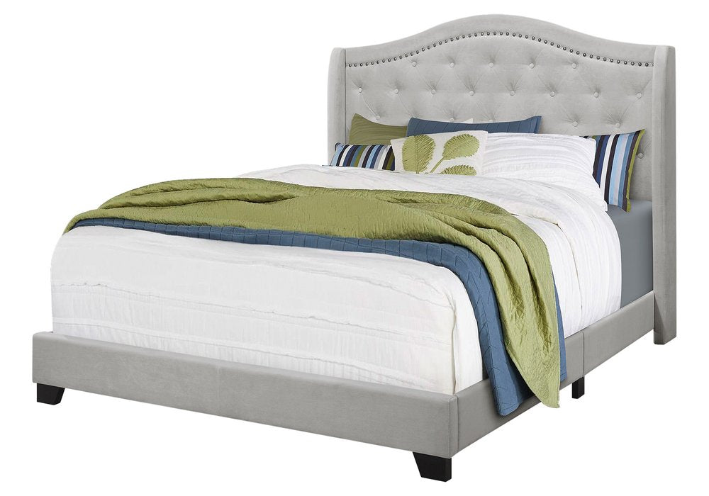 Light Gray and Gray Wood Tufted Upholstered Queen Bed Frame with Nailhead Trim HomeRoots