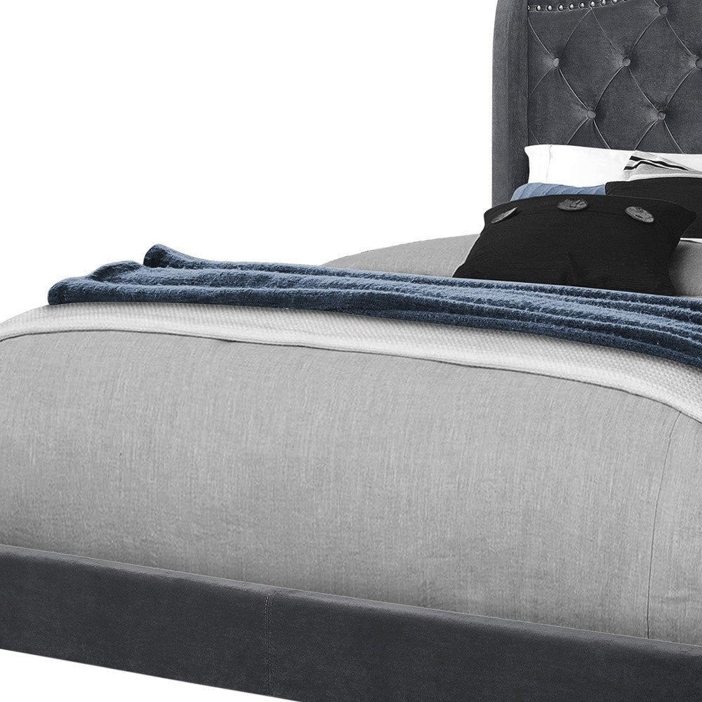 Light Gray and Gray Wood Tufted Upholstered Queen Bed Frame with Nailhead Trim HomeRoots