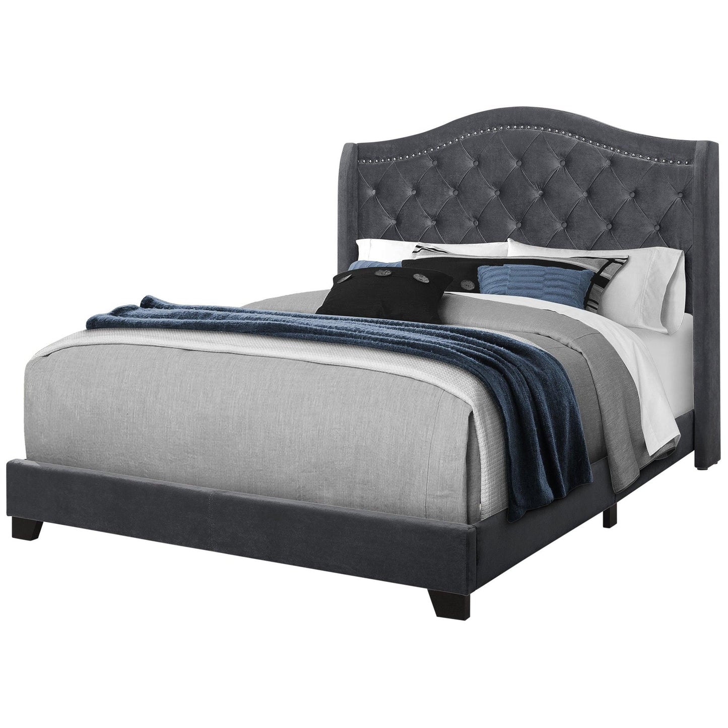 Tufted Light Gray Standard Bed Upholstered With Nailhead Trim And With Headboard - FurniFindUSA