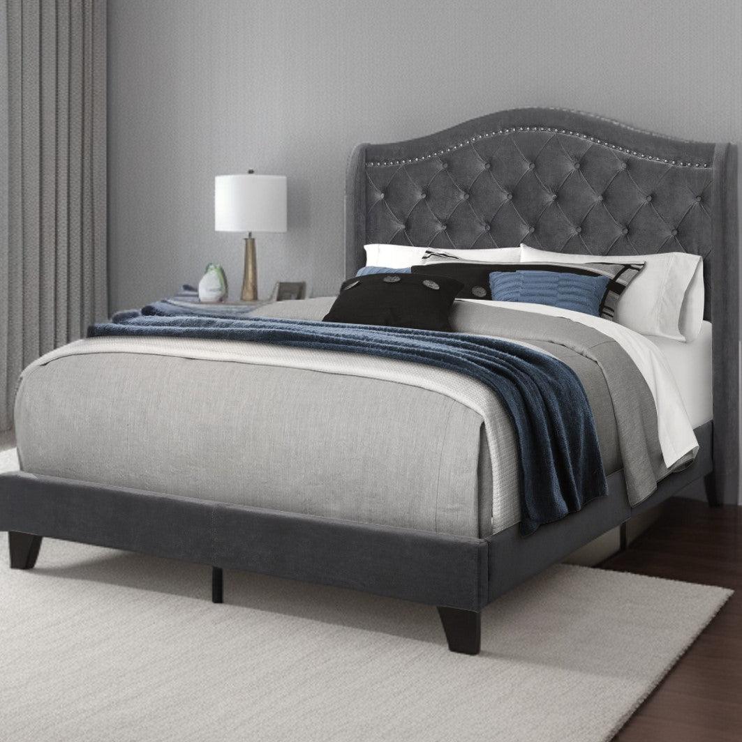 Tufted Light Gray Standard Bed Upholstered With Nailhead Trim And With Headboard - FurniFindUSA