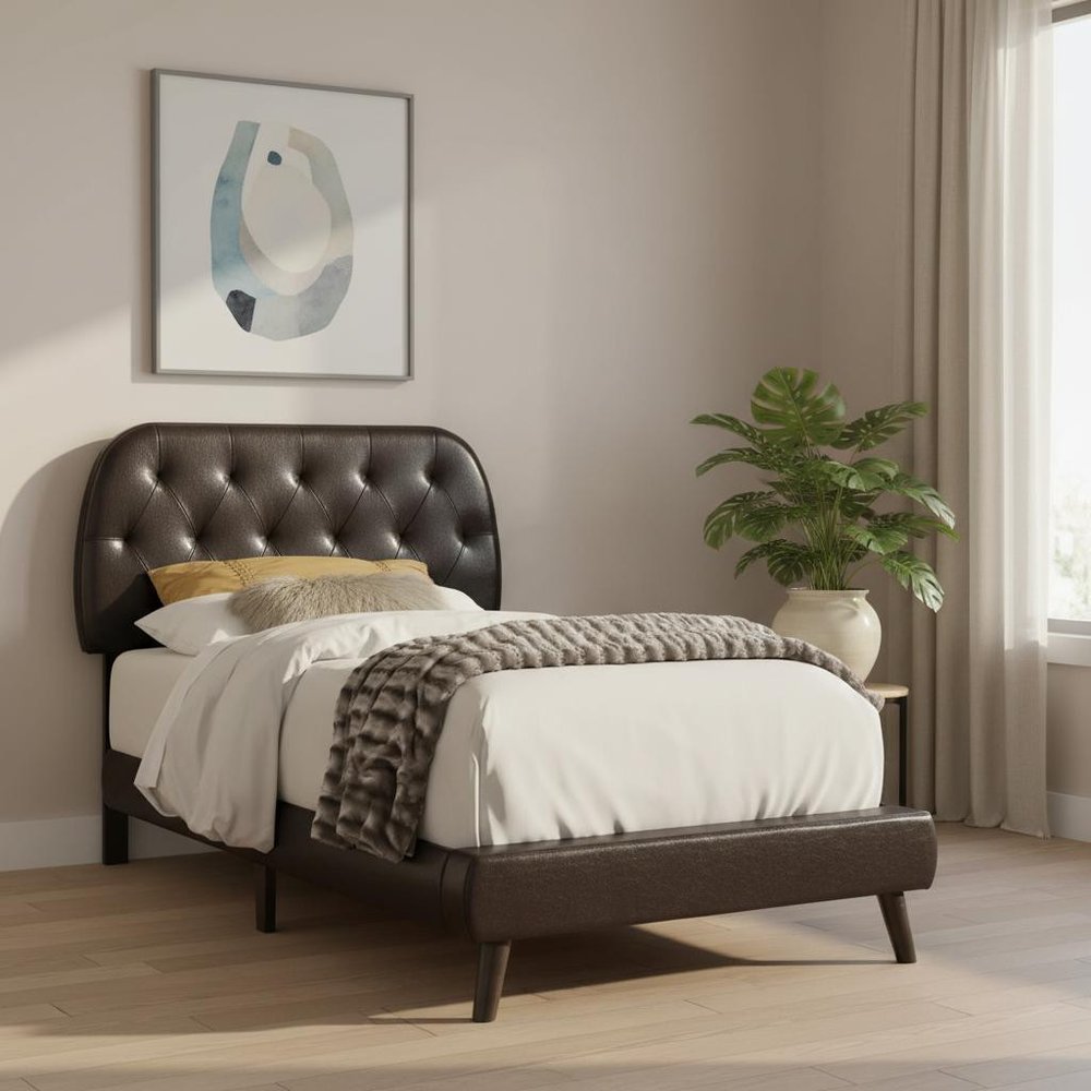 Brown Twin Tufted Upholstered Faux Leather Bed Frame HomeRoots