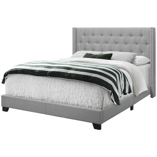 Solid Wood Queen Tufted Gray Upholstered Linen Bed With Nailhead Trim - FurniFindUSA