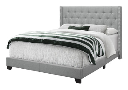 Gray Tufted Linen Upholstered Queen Bed Frame With Nailhead Trim HomeRoots