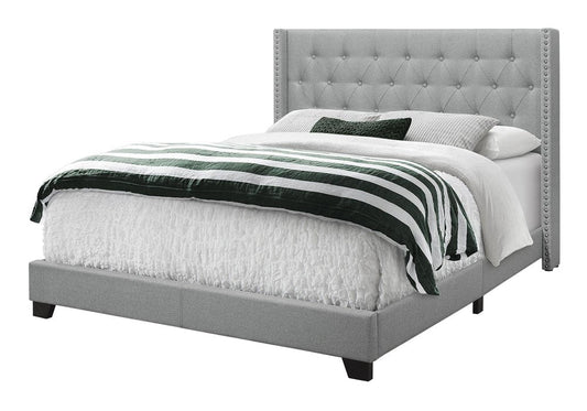 Gray Tufted Linen Upholstered Queen Bed Frame With Nailhead Trim