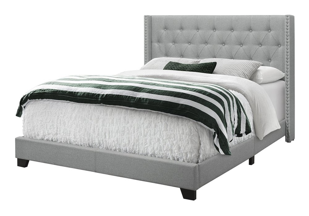 Gray Solid Wood And Tufted Linen Queen Bed Frame with Nailhead Trim HomeRoots