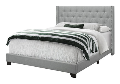 Gray Solid Wood And Tufted Linen Queen Bed Frame with Nailhead Trim HomeRoots