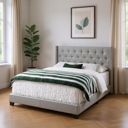 Gray Solid Wood And Tufted Linen Queen Bed Frame with Nailhead Trim HomeRoots