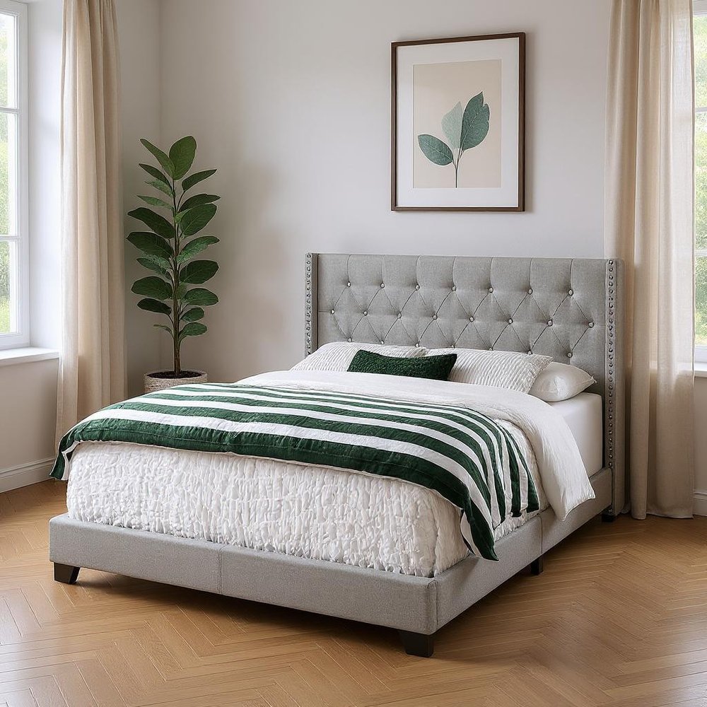 Gray Solid Wood And Tufted Linen Queen Bed Frame with Nailhead Trim HomeRoots