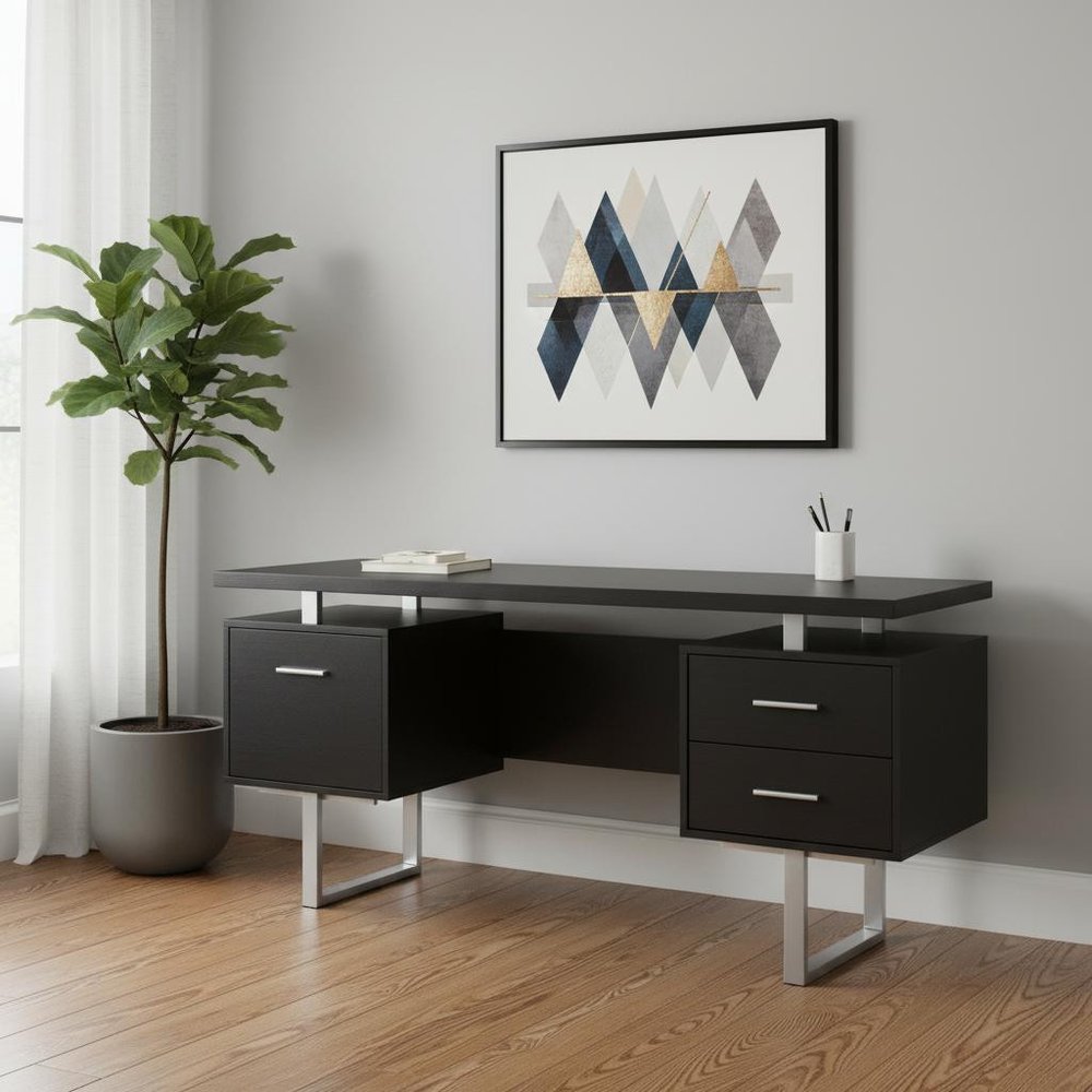 60" White and Silver Computer Desk With Three Drawers HomeRoots
