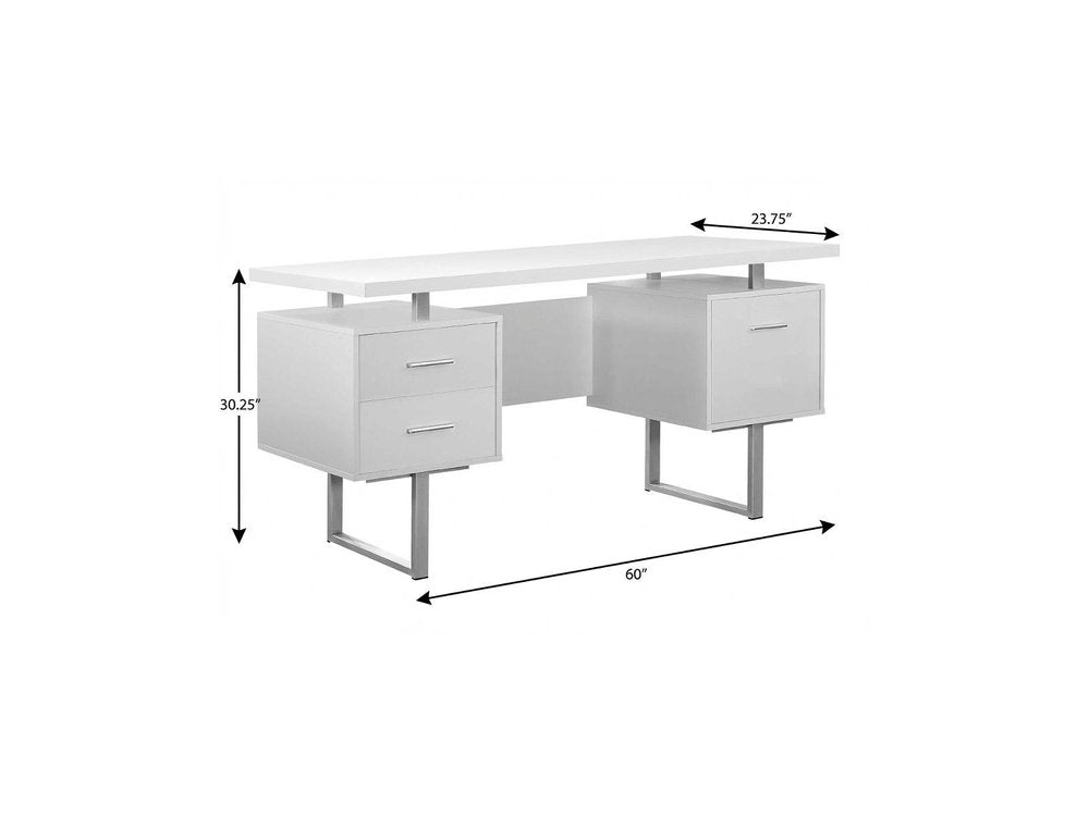 60" White and Silver Computer Desk With Three Drawers HomeRoots
