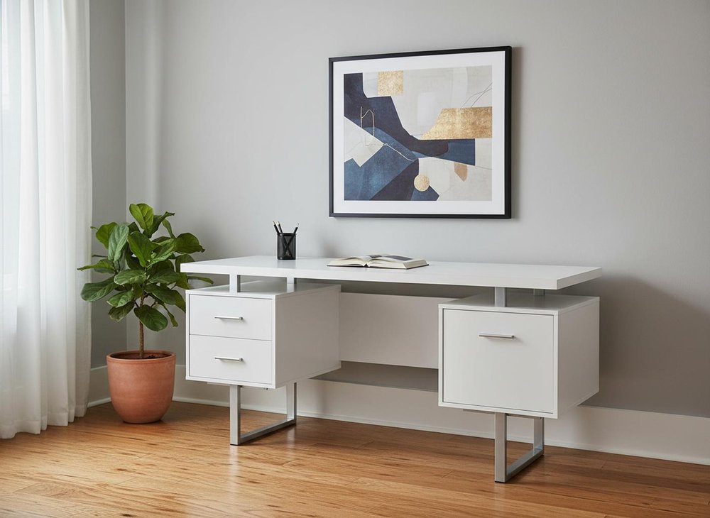 60" White and Silver Computer Desk With Three Drawers HomeRoots