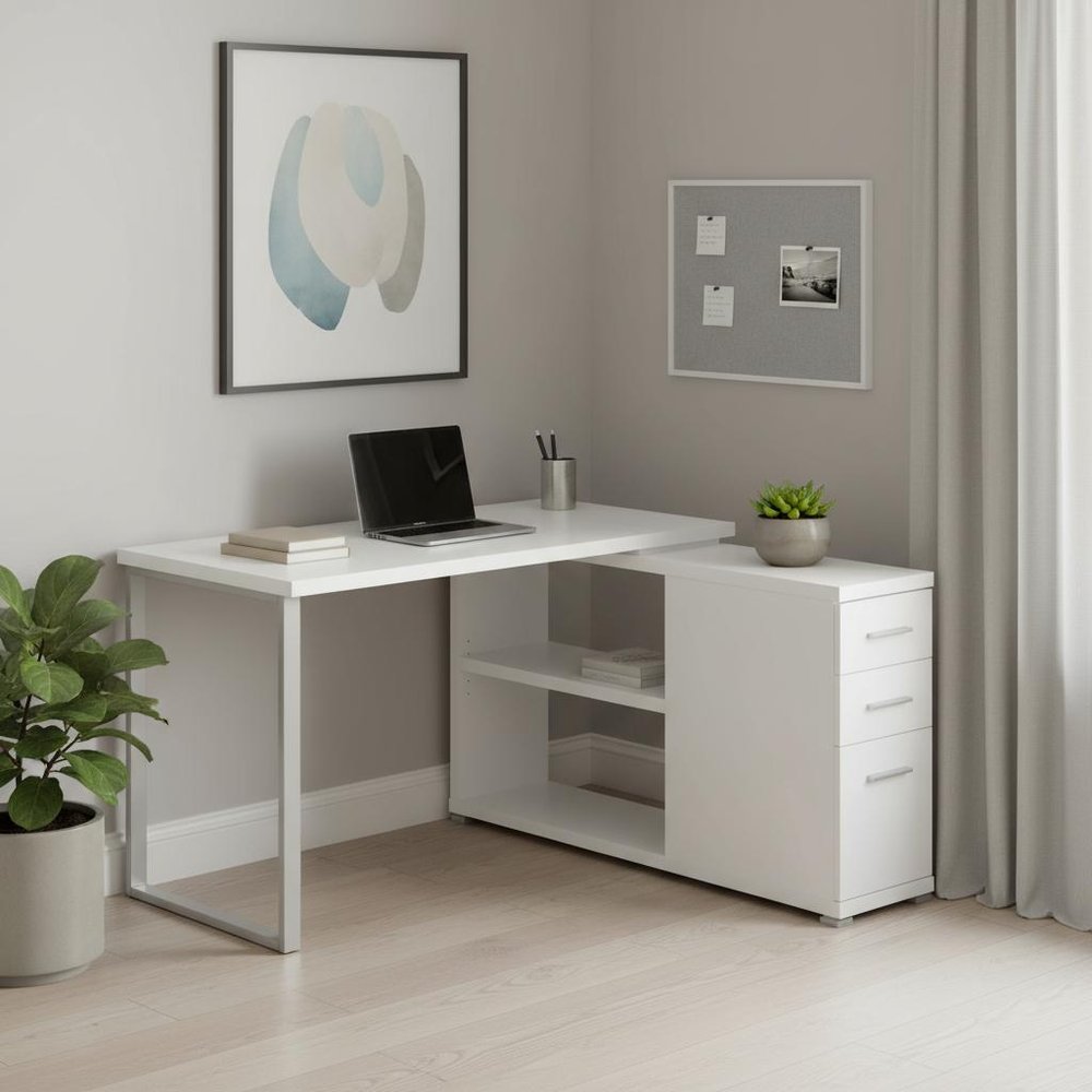 47" Gray and Silver L Shape Computer Desk With Three Drawers HomeRoots