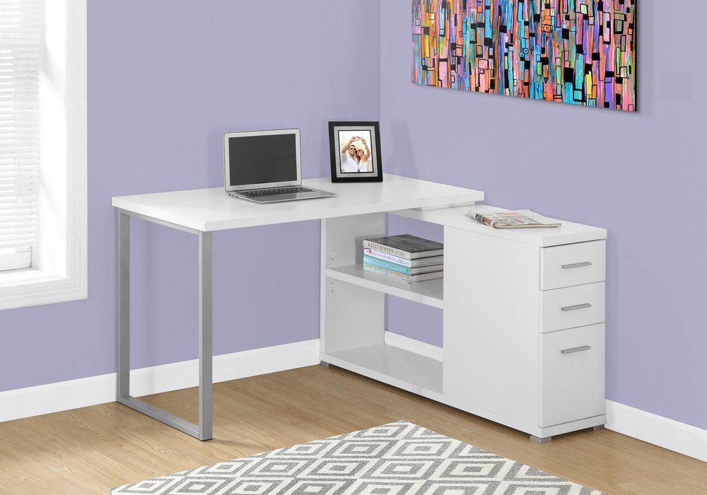 47" Gray and Silver L Shape Computer Desk With Three Drawers HomeRoots
