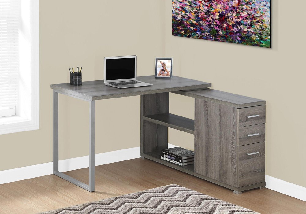 47" Gray and Silver L Shape Computer Desk With Three Drawers HomeRoots