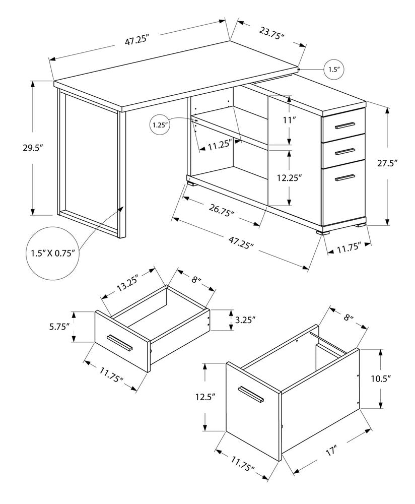 47" White and Silver L Shape Computer Desk With Three Drawers HomeRoots
