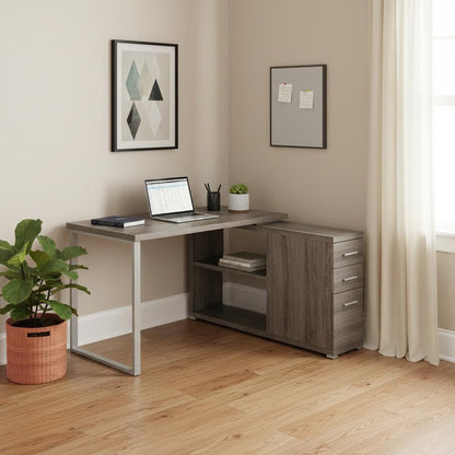 47" Gray and Silver L Shape Computer Desk With Three Drawers HomeRoots