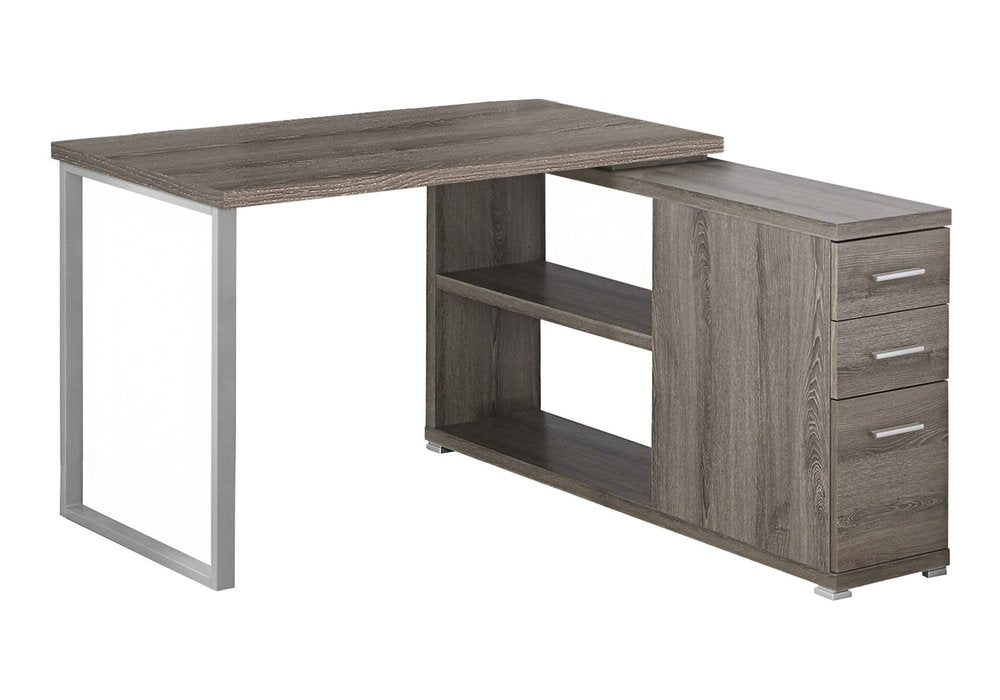 47" Gray and Silver L Shape Computer Desk With Three Drawers HomeRoots