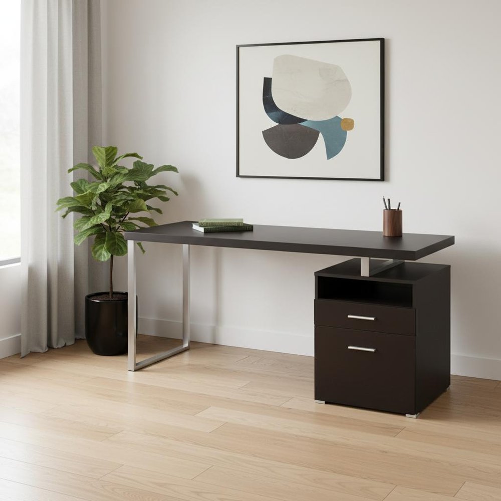 60" Dark Brown and Silver Computer Desk With Two Drawers HomeRoots