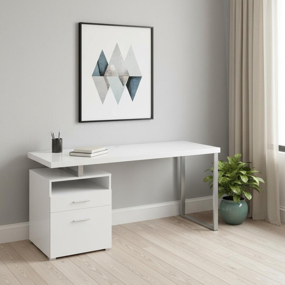 60" White and Silver Computer Desk With Two Drawers HomeRoots