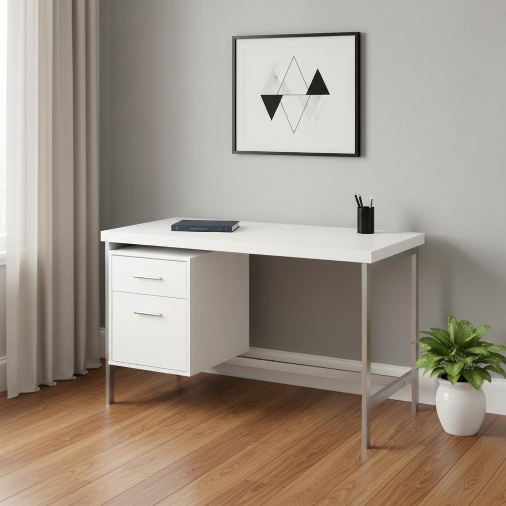47" White and Silver Computer Desk With Two Drawers HomeRoots