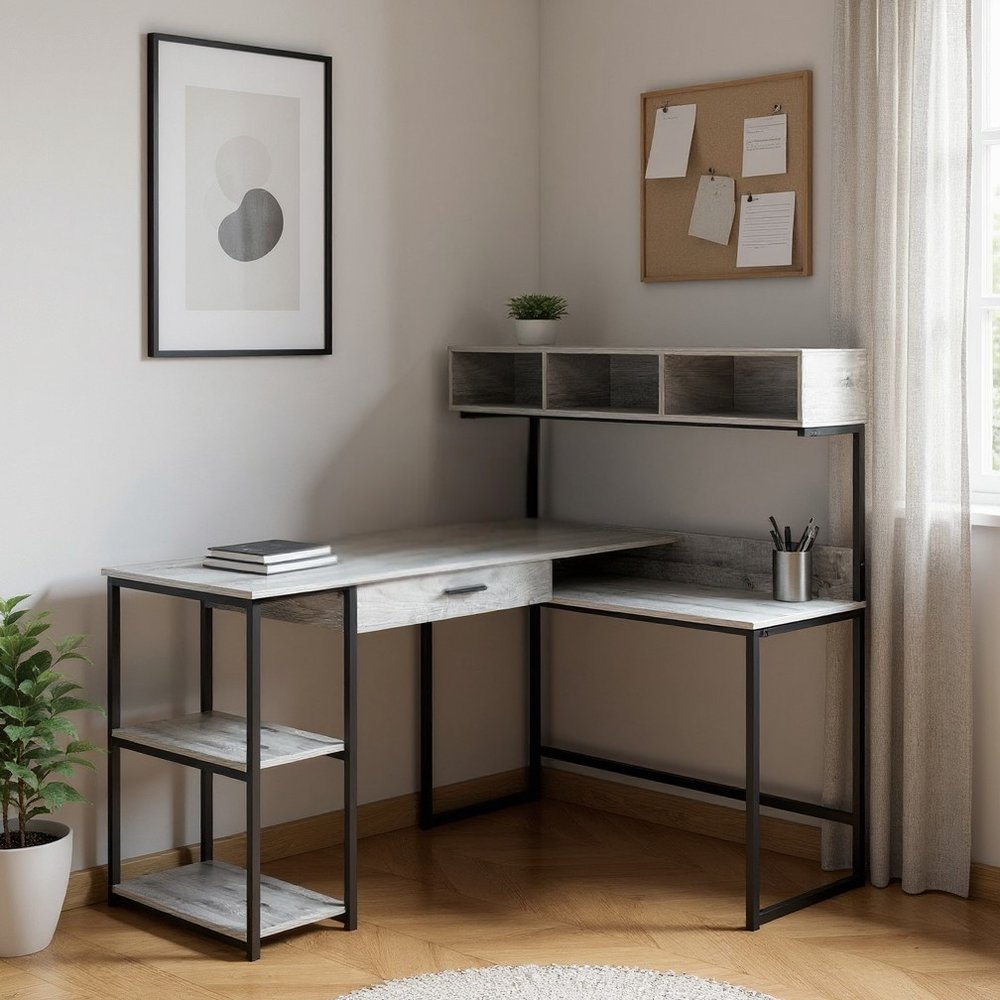 59" White and Silver L Shape Computer Desk HomeRoots