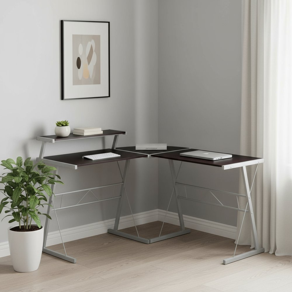 48" Dark Brown and Silver L Shape Computer Desk HomeRoots