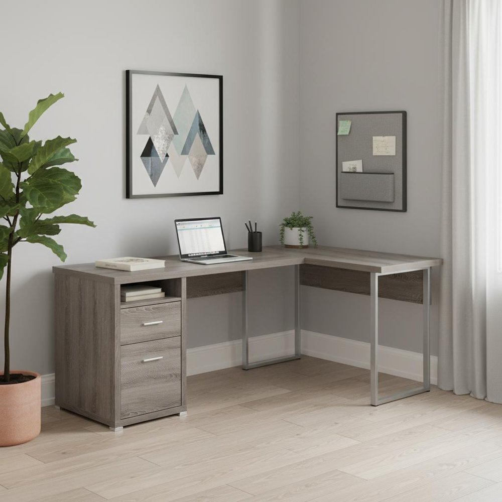 79" Gray and Silver L Shape Computer Desk With Two Drawers HomeRoots
