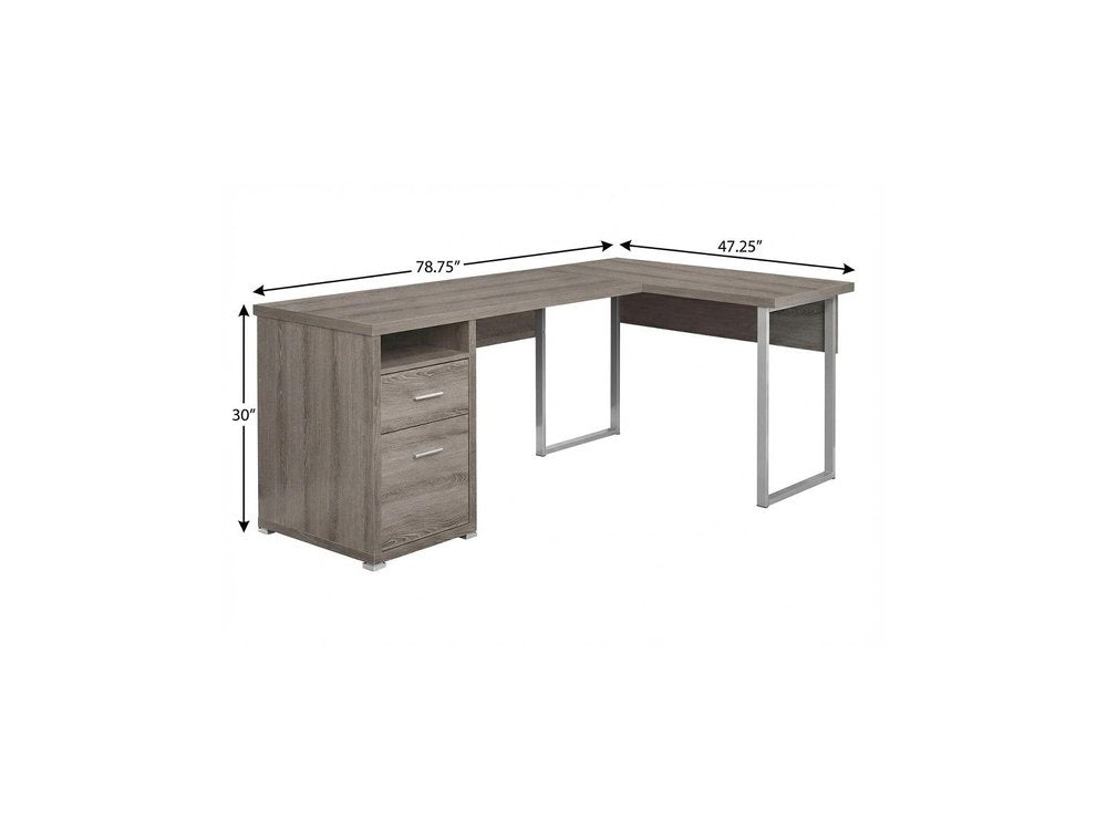 79" Gray and Silver L Shape Computer Desk With Two Drawers HomeRoots