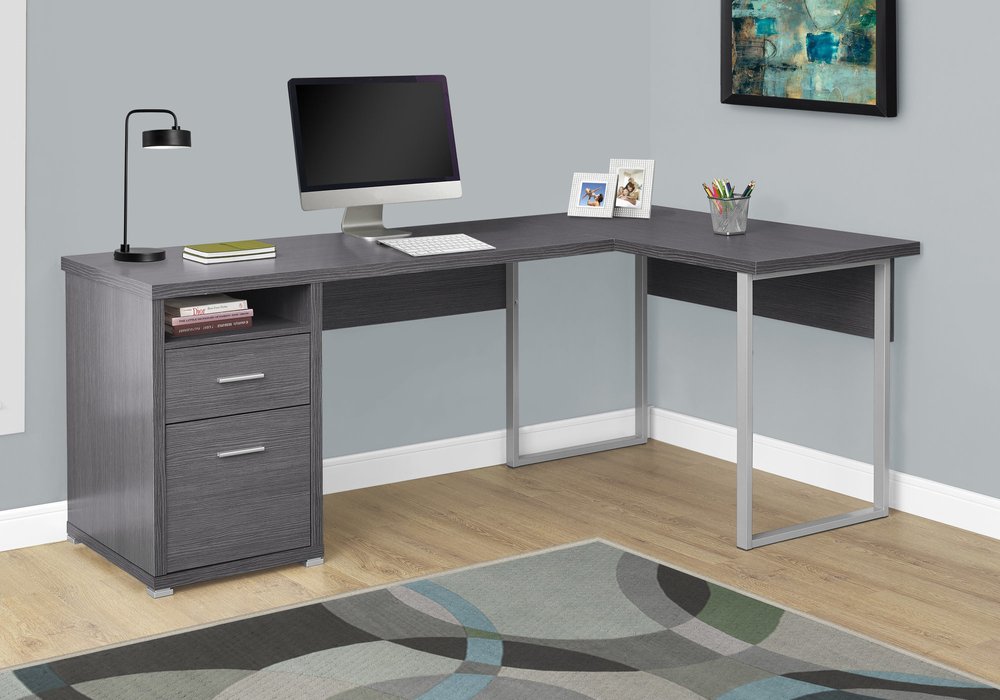 78" Gray and Silver L Shape Computer Desk With Two Drawers HomeRoots