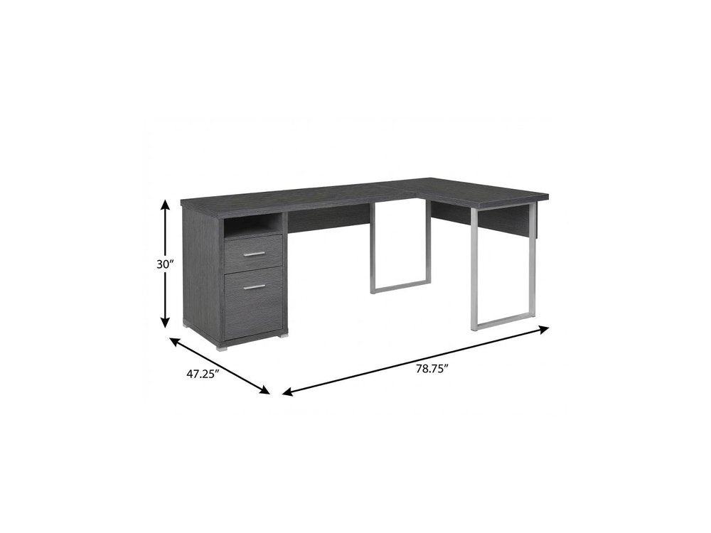 79" Gray and Silver L Shape Computer Desk With Two Drawers HomeRoots