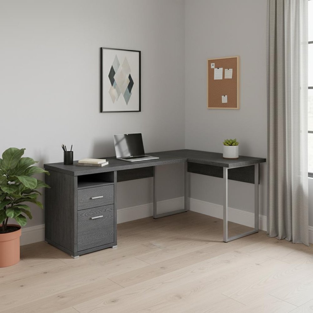 79" Gray and Silver L Shape Computer Desk With Two Drawers HomeRoots