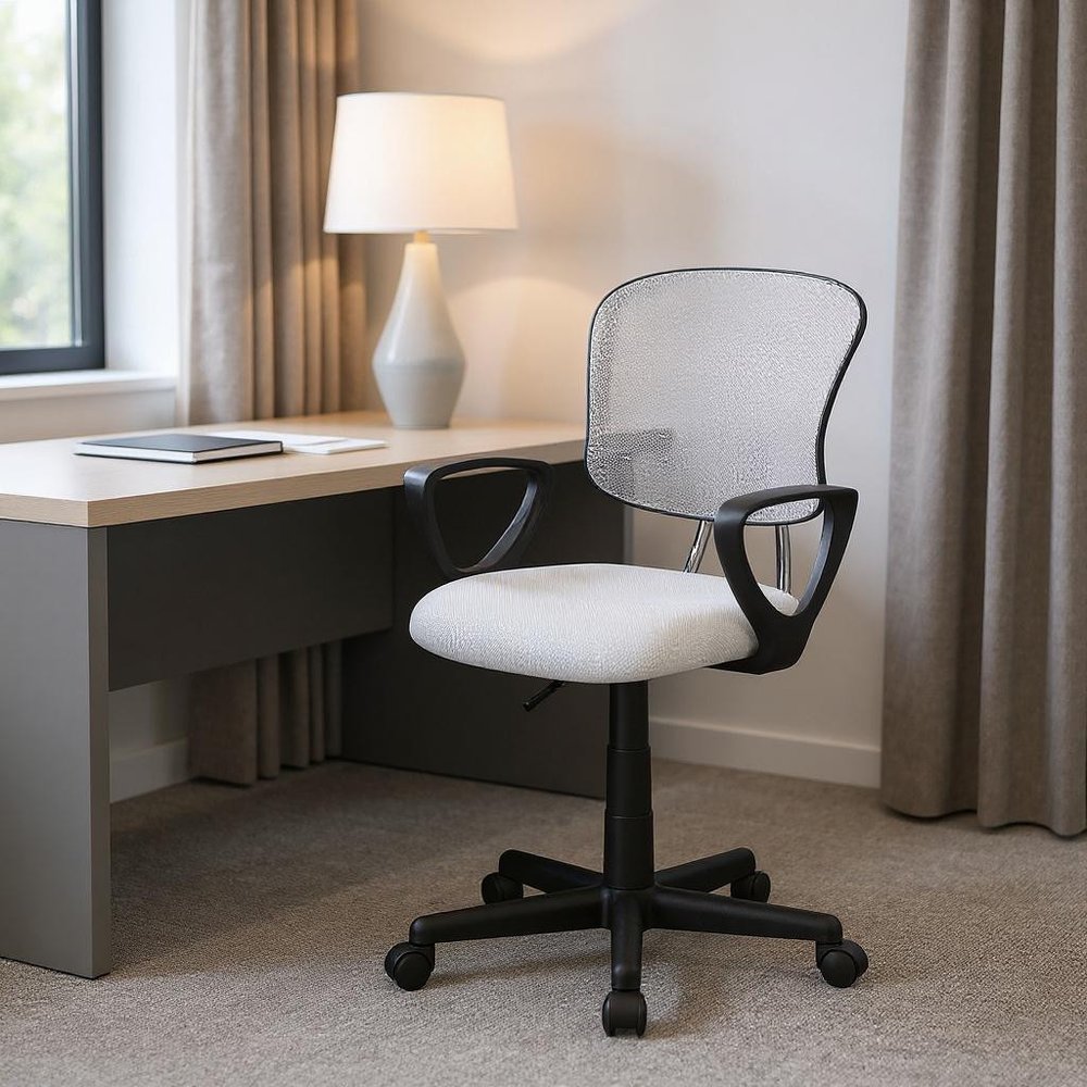 White Polyester Seat Swivel Adjustable Task Chair Mesh Back Plastic Frame HomeRoots