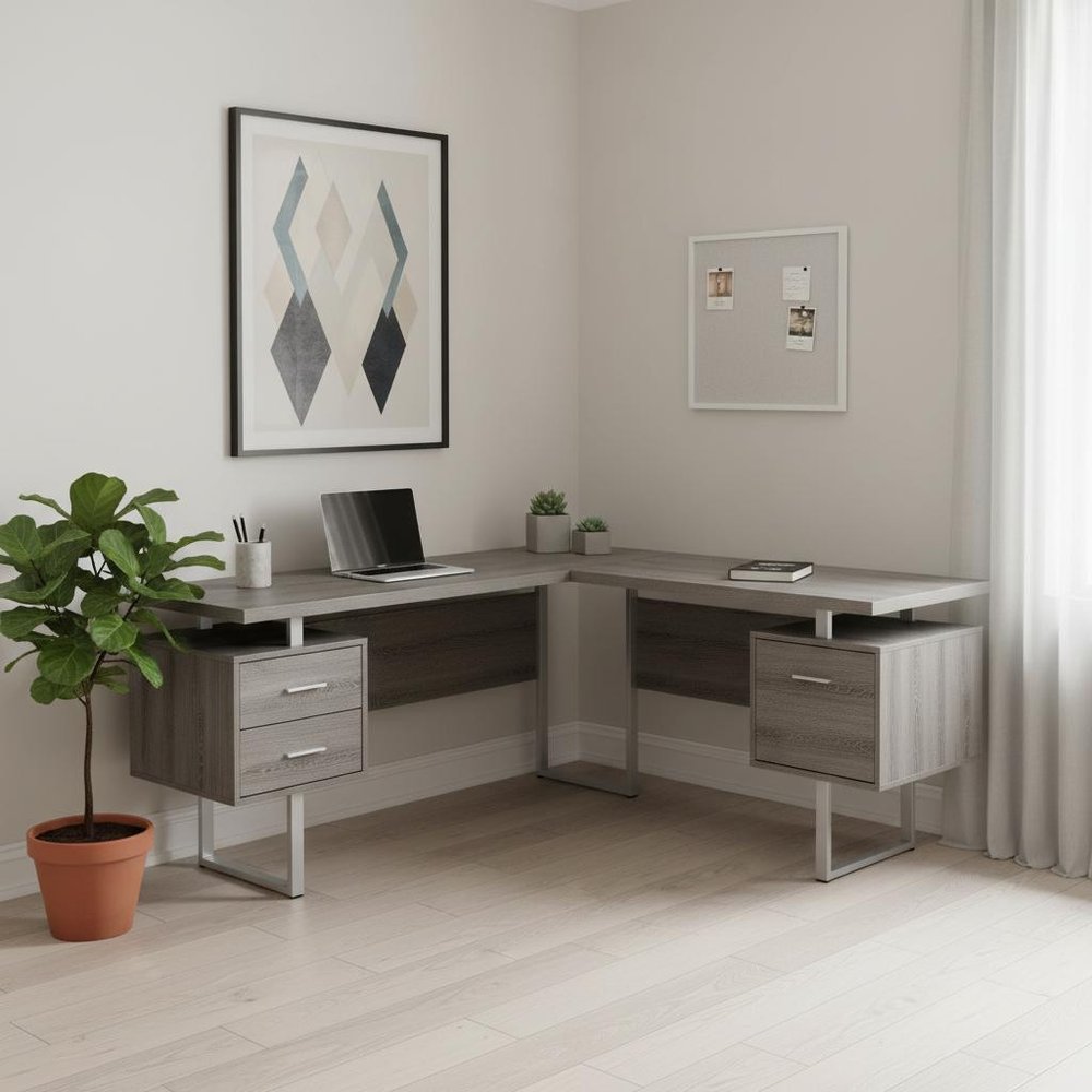71" Gray and Silver L Shape Computer Desk With Three Drawers HomeRoots