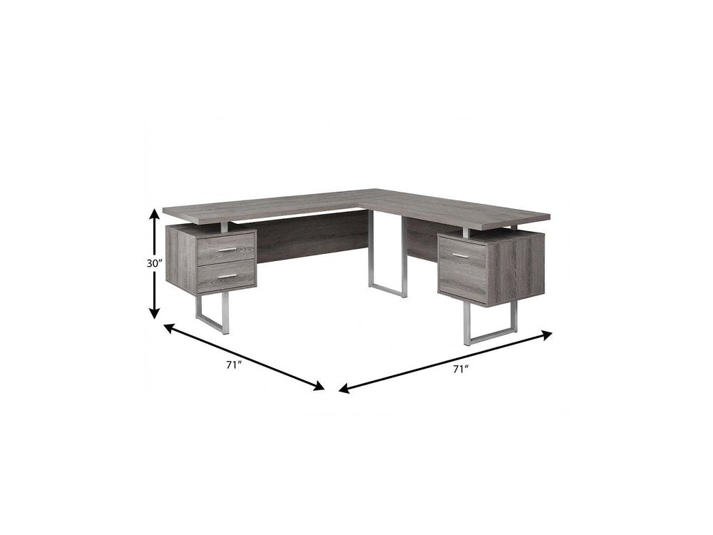 71" Gray and Silver L Shape Computer Desk With Three Drawers HomeRoots