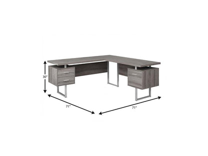 71" Gray and Silver L Shape Computer Desk With Three Drawers HomeRoots