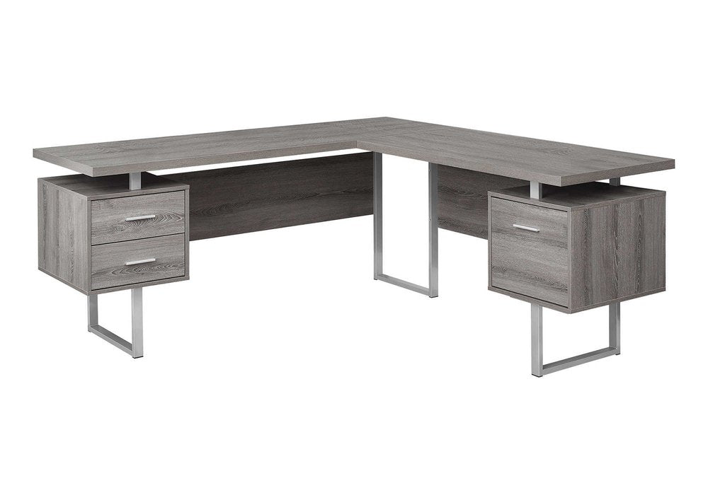 71" Gray and Silver L Shape Computer Desk With Three Drawers HomeRoots