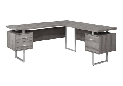 71" Gray and Silver L Shape Computer Desk With Three Drawers HomeRoots