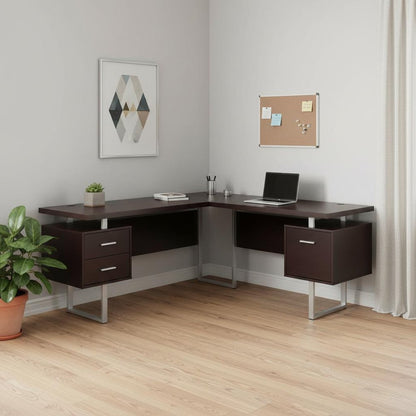 71" Brown and Silver L Shape Computer Desk With Three Drawers HomeRoots