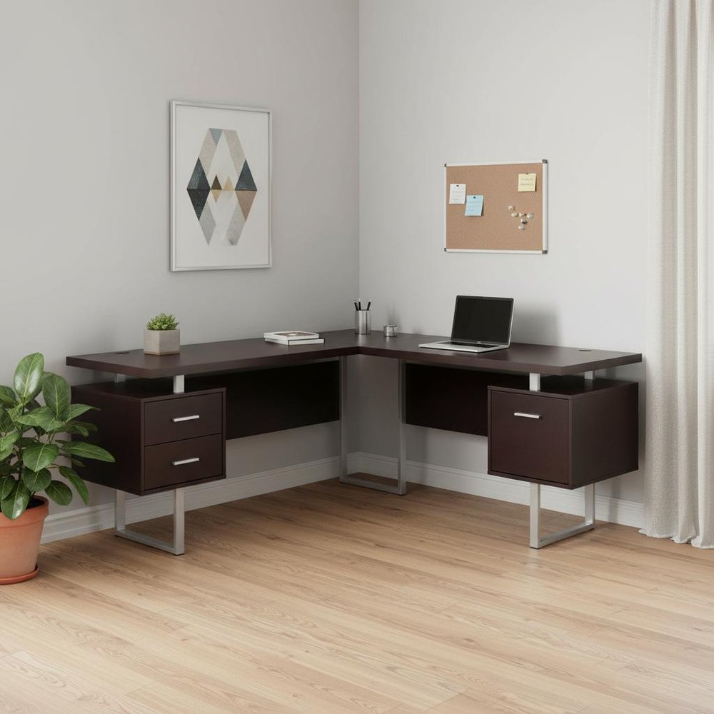 71" Gray and Silver L Shape Computer Desk With Three Drawers HomeRoots