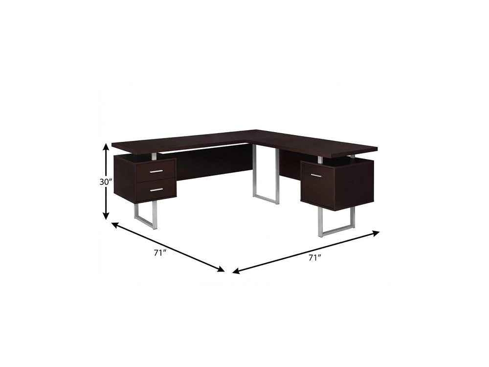 71" Gray and Silver L Shape Computer Desk With Three Drawers HomeRoots