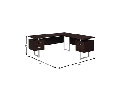 71" Brown and Silver L Shape Computer Desk With Three Drawers HomeRoots