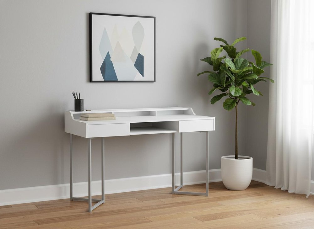 48" White and Silver Writing Desk With Two Drawers HomeRoots
