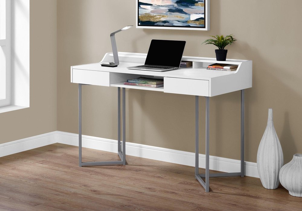 48" White and Silver Writing Desk With Two Drawers HomeRoots