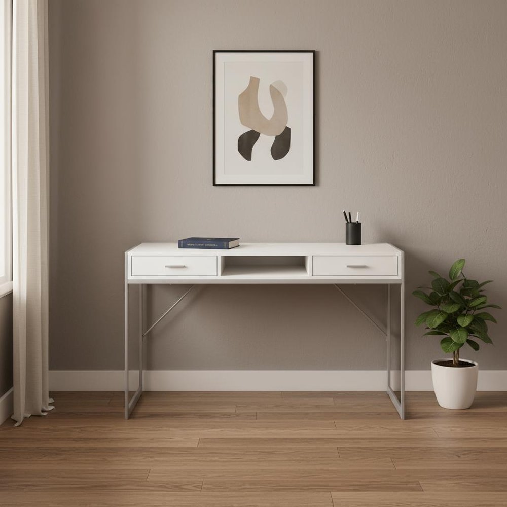 48" White and Silver Computer Desk With Two Drawers HomeRoots