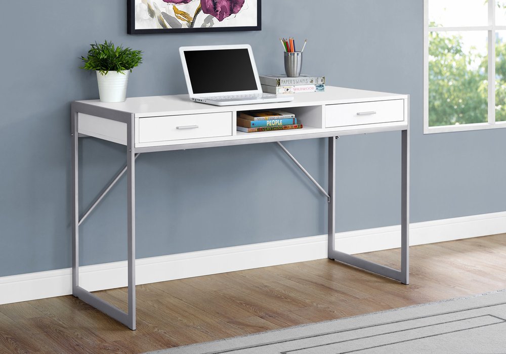 48" White and Silver Computer Desk With Two Drawers HomeRoots
