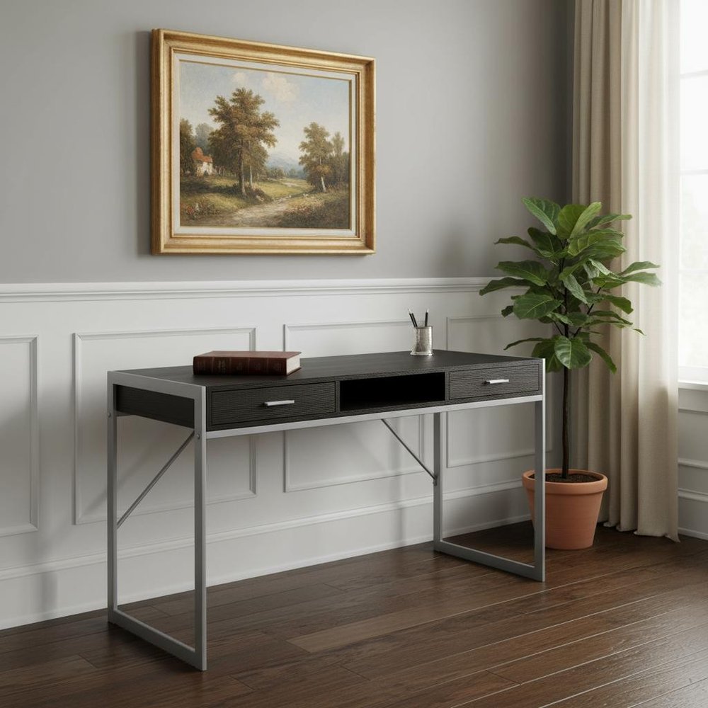 48" White and Silver Computer Desk With Two Drawers HomeRoots